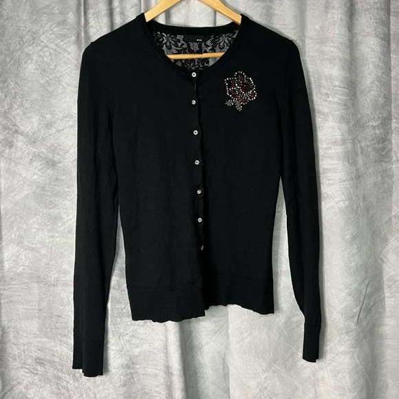 Vintage Sun Moon Star Black Lace Back Button Down Cardigan Sweater - SMALL - Picture 7 of 11